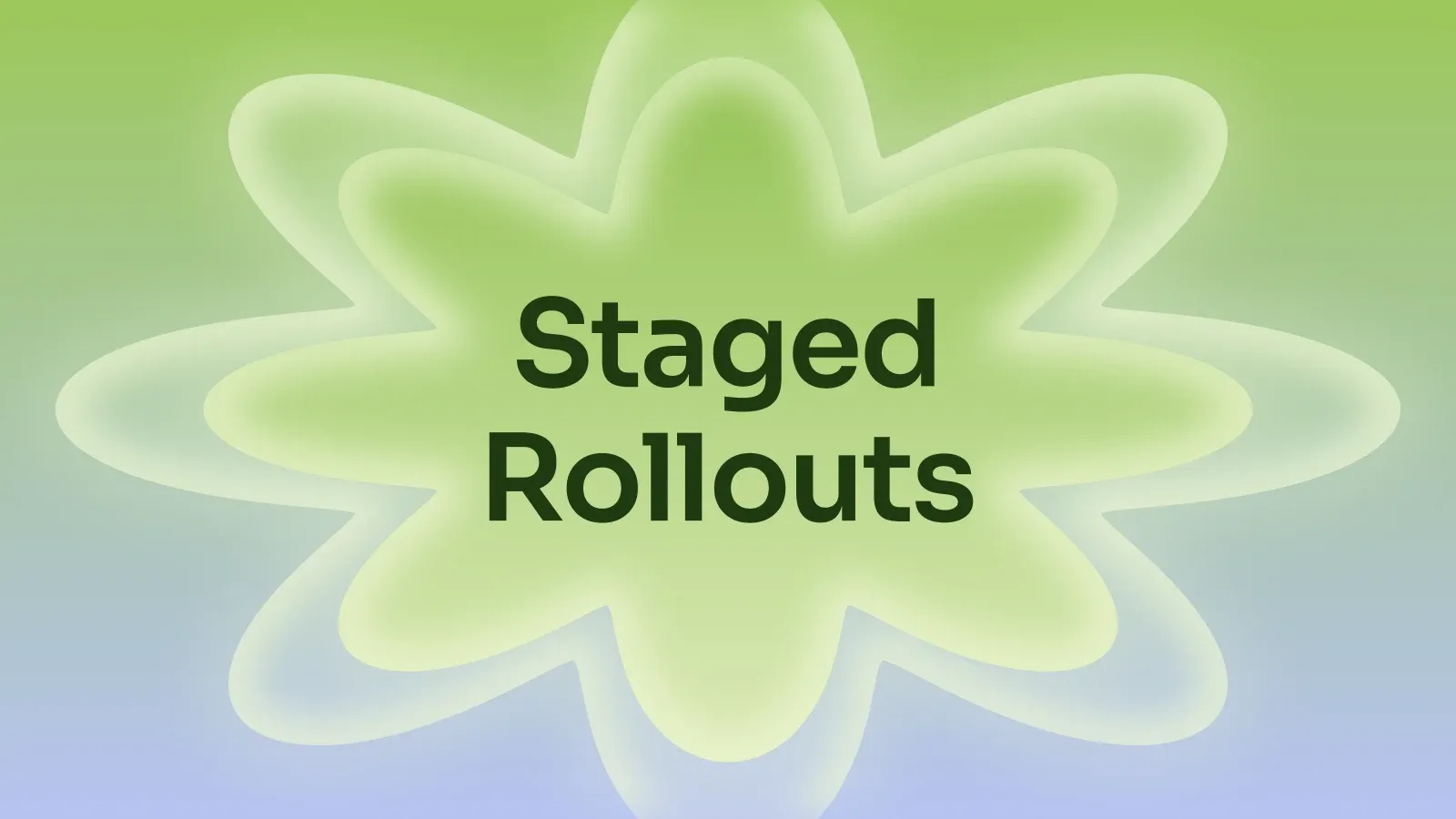 “Staged Rollouts” on a lime and periwinkle gradient with a star of petals