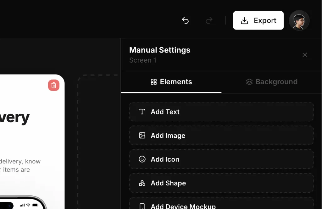Export button and manual settings menu inside the screenshot editor