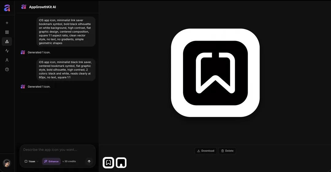 App Icon Generator workspace with a generated bookmark app icon